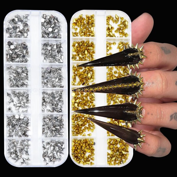 YAEISM 1200PCS Metal Rivet Punk Nail Charms 2Box Cone Metalic Spike Studs for Gothic Nail Art Silver and Gold Alloy Nail Studs for DIY Crafts Decoration