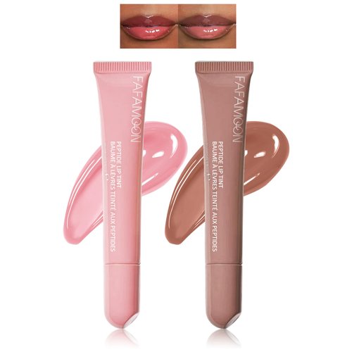 Hydrating Peptide Lip Tint-2Pcs Glossy Jelly Lip Plumping Gloss Butter Balms, Moisturizing Glasting Water Lip Oil Tint, Long-Lasting High-Shine Non-sticky Tinted Lip Glaze, Fuller-Looking Lips-01+02