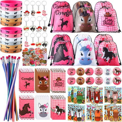 Liliful 140 Pcs Horse Themed Party Favor Supplies with Drawstring Bag Keychain Rubber Wristbands Badges Puzzle Stickers Horse Stickers Notepads Soft Pencils for Horse Party Decoration
