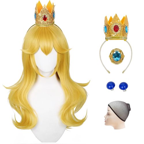 Blonde Princess Wig Cosplay Costume Wigs with Crown Headband + Ear Clips + Brooch + Hair Net for Women Adult, 25.6 Inch Long Curly Wave Golden Synthetic Hair for Halloween Costumes Party