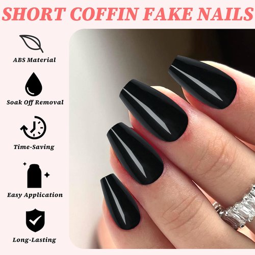 LuckForever 240pc Black Press on Nails Short Coffin Fake Nails Short Ballerina False Nails Full Cover Color Coffin Nail Tips Solid Color False Nail Coffin Shape Press On Nails Set for Women