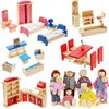 Sumind 35 Pcs Wooden Doll House Furniture and Accessories Set with 27 Pcs Dollhouse Furniture 8 Pcs Doll House Dolls Family Doll Furniture Small Dolls for Dollhouse Family Set Dollhouse Accessories