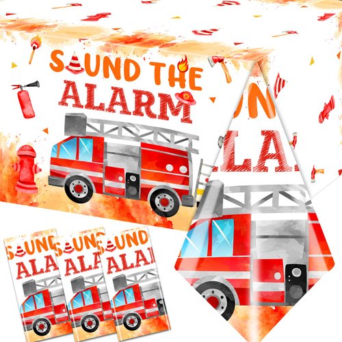 Fire Truck Birthday Party Tablecloth - Firefighter Birthday Party Decorations, 3Pcs Fire Truck Table Cloth, Rectangle Plastic Fireman Table Cover for Firetruck Birthday Decorations, 108 x 180 cm