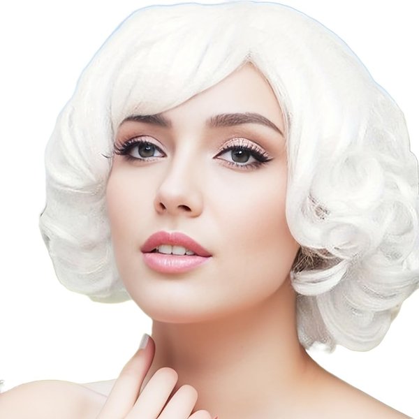 Baiansyy White Short Curly Wigs with Bangs for Women Anime Cosplay Costume Party Layered Heat Resistant Synthetic Hair Water Wave Wigs