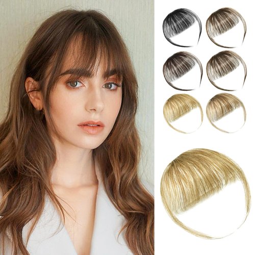SHEDOWIG Air Bangs Hair Clip in Bangs Human Hair Extensions Flat Clip on Bangs Fringe with Temples Front Face Bangs Hair Clip for Daily Cosplay Wear Light Brown