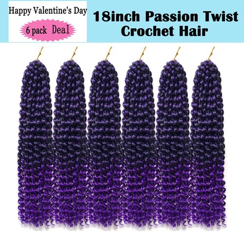 6 Packs Passion Twists Hair 18inch Ombre Purple Water Wave Crochet Hair Synthetic Crochet Hair Passion Twist Long Bohemian Locs Braiding Hair Extensions (T1B/Purple# 18" 6 packs)