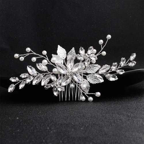Anglacesmade Bridal Hair Comb Crystal and Pearl Side Comb for Wedding Leaf Headpiece with Marquise Bridesmaid Hair Jewelry Prom Party Festival Headdress for Women and Girls (Silver)