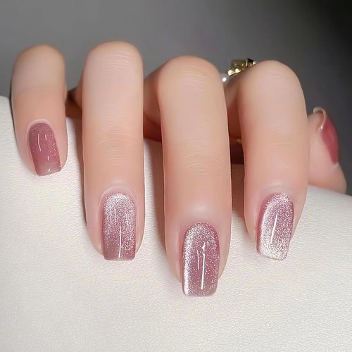 Cat Eye Press on Nails Medium Pink Square Fake Nails, Holographic Glitter Acrylic Nails Kits with Jelly Glue, Salon Quality False Nails Glue on Nail Tips 24 Pcs