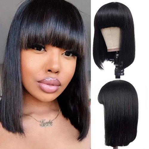 Poditom 12in Short Bob Wig Human Hair Brazilian Virgin Human Hair Wigs with Bangs Full Machine Bob Wigs for Women, Soft Breathable Easy to Wear Bob Wig Human Hair (Black Bob Wig 12in)