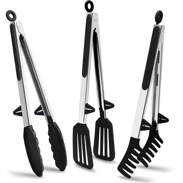 Tongs for Cooking, 12" Kitchen Tongs with Silicone Tips, Food Grade Serving Tongs Set of 3, Black