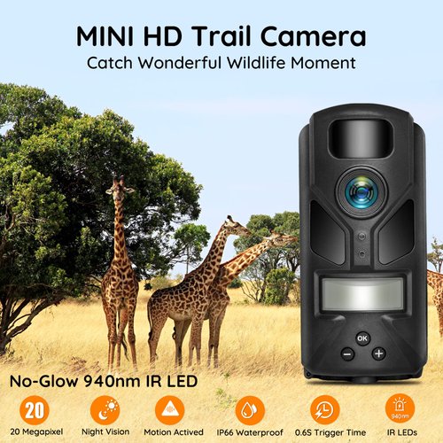 OUTDOOR EXPERT 20MP Mini Trail Camera,1080P Hunting Trail Camera with No Glow 940nm Night Vision Motion Activated IP66 Waterproof,80ft Illumination Range Hunting Game Cam for Wildlife Monitoring