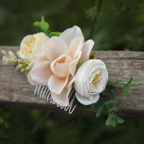 Fangsen Silver Wedding Freesia Rose Flower Hair Comb Bridal Floral Hair Headpiece for Women and Girls Ivory