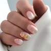 Thanksgiving Press on Nails Pink Fake Nails Short False Nails with Gold Foil Design Maple Leaves Acrylic Nails Autumn Stick on Nails White Gradient Glue on Nails for Women Girls Fall Nail Decor