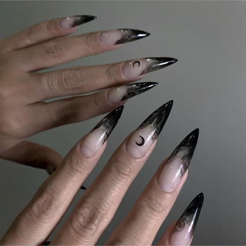 Halloween Press on Nails Long Stiletto MABKJLF French Tip Fake Nails Black Blood Gradient Full Cover False Nails with Moon Designs Glossy Glue on Nails Artificial Nails for Women Girls 24 Pcs
