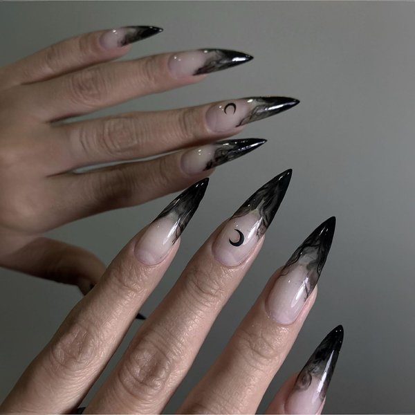 Halloween Press on Nails Long Stiletto MABKJLF French Tip Fake Nails Black Blood Gradient Full Cover False Nails with Moon Designs Glossy Glue on Nails Artificial Nails for Women Girls 24 Pcs