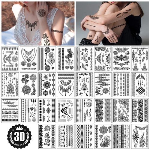 Temporary Tattoos for Women, CAYUDEN 30 Sheet Waterproof Temporary Tattoos Paper Girls Women Temporary Tattoo Kit Small Fake Tattoos Sleeves Sexy Lace Tattoos Adult Arm Neck Face Leg Tattoo Sticker