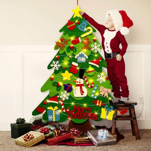 Felt Christmas Tree, 3.2ft DIY Wall Christmas Tree with 32 Pcs Detachable Ornaments Wall Decor and 50 LEDs String Lights Christmas Decoration for Toddlers Kids Xmas Gifts Home Door