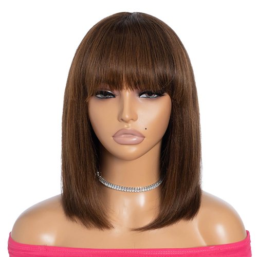 Rebecca Fashion Highlight Brown Bob Wig with Bangs Human Hair 12" Light Yaki Straight Short Bob Human Hair Wigs for Black Women Wear and Go Glueless Wig for Daily Wear P4/30