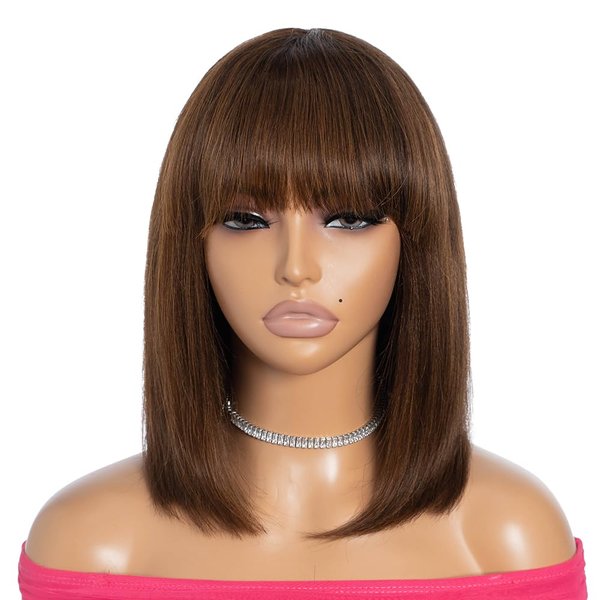 Rebecca Fashion Highlight Brown Bob Wig with Bangs Human Hair 12" Light Yaki Straight Short Bob Human Hair Wigs for Black Women Wear and Go Glueless Wig for Daily Wear P4/30