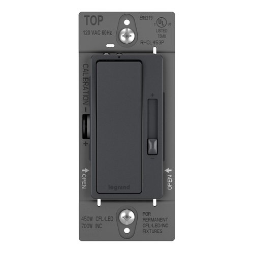 Legrand radiant RH453PGCCV6 450W Preset Decorator Rocker Dimmer Light Switch with Locator Light for Dimmable LED and CFL Bulbs, Single Pole/3-Way, Graphite (1 Count)
