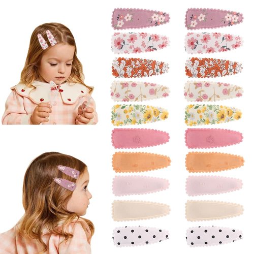 JIAHANG 20 Pcs Baby Girls Floral Print Hair Clips in Pair, Non Slip Hairpins Cotton Snap Hair Barrettes Thin Thick Hair Accessories for Toddlers Kids(color A)