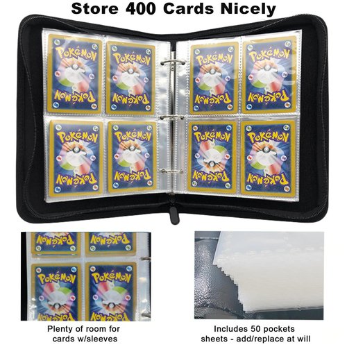 Trading Card Binder 4 Pocket,400 Pockets Card Binder for Pokemon Cards with Zipper,50 Sleeves Card Holder Compatible with Standard Card,Sport Card,Game Card-Gift for Boy and Girl (4-Pockets, Red)