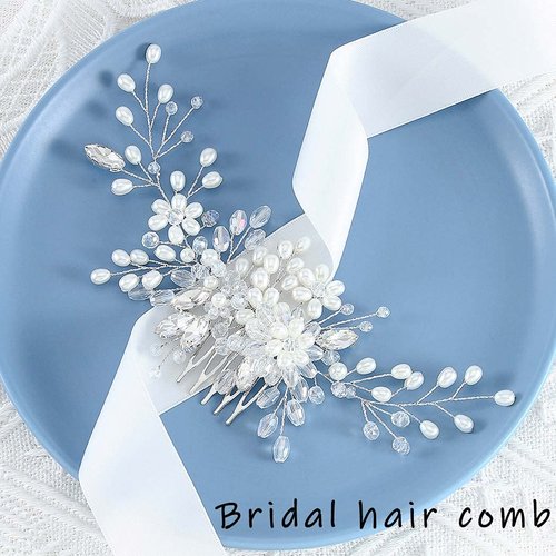 JONKY Bride Wedding Pearl Hair Comb Flower Hair Accessories Crystal Hair Piece Bridel Headpieces Rhinestone Hair Side Combs for Women and Girls