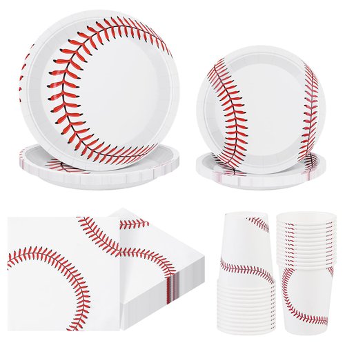 ADXCO 120 Pieces Baseball Birthday Party Supplies Include 48 Baseball Paper Napkins, 24 Baseball Paper Cups and 48 Baseball Paper Plates for Sports Birthday Party Decorations Party Supplies