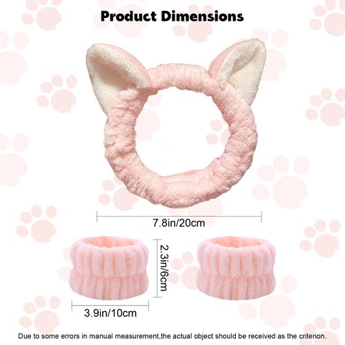 3-Pack Cat Ears Spa Headband and Wristband Set, Soft Plush Makeup Skincare Headband Wrist Bands, Cute Cat Ears Face Wash Headband and Towel Wristband Set for Women Girls Washing Face Skin Care(Pink)
