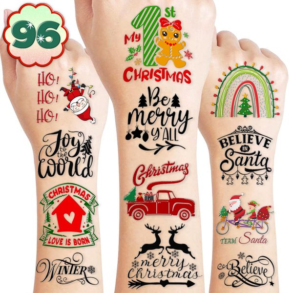 100PCS Christmas Inspirational Cute Temporary Tattoos Christmas Bless Saying, Christmas Words Inspired Holiday Letter Greeting Themed Stickers for Adults Kids Xmas Decoration Birthday Party