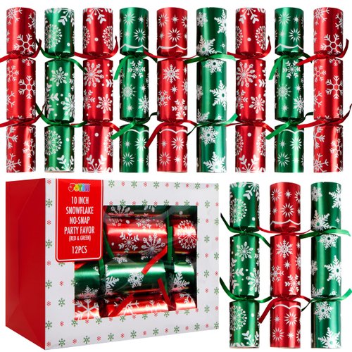 JOYIN 12 Pack Christmas Non-Snap Party Favor, Red & Green Snowflake Party Table Favor Includes Party Hat, Jokes & Gifts, Xmas Gifts Prizes for Christmas Holiday Dinner Traditions Party Supplies