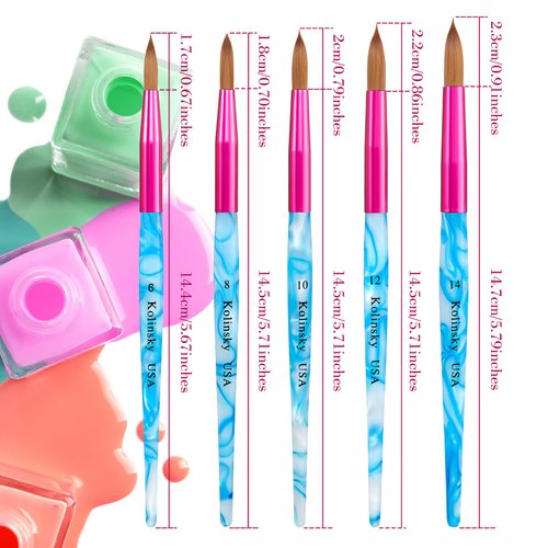 5 Pieces Kolinsky Acrylic Nail Brush Kolinsky Hair Bristles Crimped Shaped Handle Acrylic Brush Nail Brushes for Acrylic Application Nail Art Manicure Tool Size 6, 8, 10, 12, 14 (Pink, Blue and White)