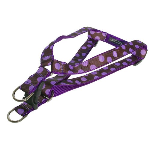Medium Orchid/Chocolate Dot Dog Harness: 3/4" wide, Adjusts 18-24" - Made in USA.