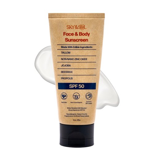 Sky and Sol Natural Mineral Sunscreen SPF 50 3 oz Natural Tallow & Zinc Oxide, Reef Safe, Water Resistant, Fragrance-Free, Non-Greasy Formula for Face and Body