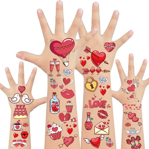 EMOME 100 Styles Valentine's Day Temporary Tattoo for Kids Women, Lip Heart Kiss Tattoos Temporary for Valentine's Party Decorations Supplies Favors, Heart Tattoo Stickers for Games (10 Sheets)