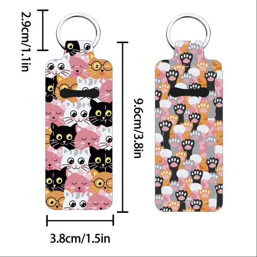 FREEBLOSS 2Pcs Cats Chapstick Holder Keychain 1.5x3.8'' Lip Balm Holder Keychain with Cartoon Cat Pattern Lightweight Lipstick Sleeve Pouch for Women Gift