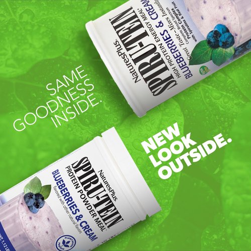 NaturesPlus SPIRU-TEIN, Blueberries & Cream - 1.12 lb - Plant-Based Protein Powder - Vitamins & Minerals for Energy - Vegetarian, Gluten Free - 15 Servings