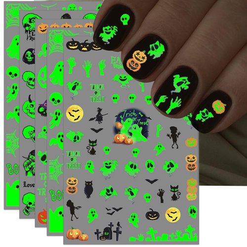 IDDFEVE Halloween Grow in The Dark Nail Stickers, 3D Luminous Ghost Nail Art Decals, Self-Adhesive Pumpkin Spider-Web Bat Design for DIY Nail Supplies Decoration (8 Sheets)