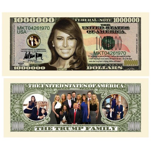 100 Melania Trump First Lady First Family Million Dollar Bills with Bonus “Thanks a Million” Gift Card Set