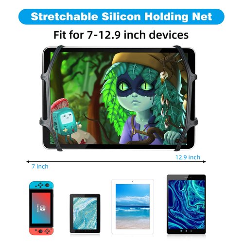 BIGASUO Car Headrest Mount Holder for Kids Tablet Holder for Car Backseat Anti-Slip Strap Holding Net Adjustable Angle Seat Mount Fits All 7 to 12.9 Inch Tablets