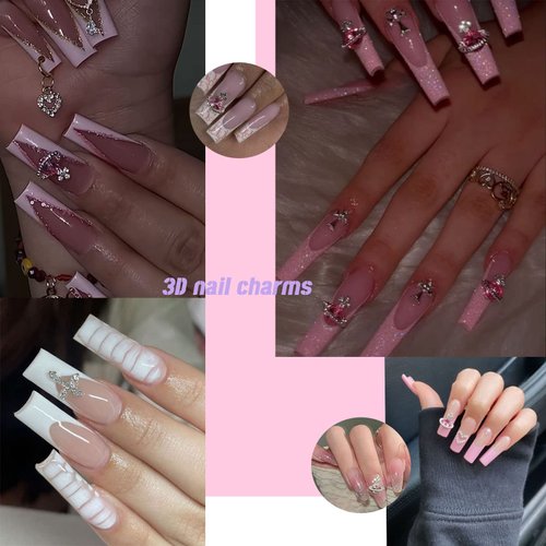 25 PCS Planet Nail Art Charms White Pink 3D Cross Nail Art Supplies with Rhinestones Saturn Shape Design Nail Gems Shiny Nail Jewelry Acrylic Accessories for Women Nail Decorations