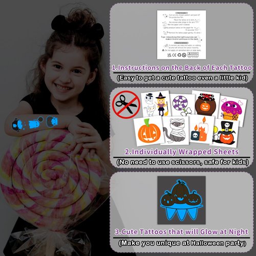 Partywind 204 Styles Luminous Blue Halloween Tattoos for Kids Treats, Glow Halloween Party Decoration Supplies, Trick or Treat Party Accessories for Kids Halloween Party Favors Games