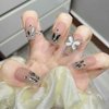 RikView Long Press on Nails Coffin Acrylic Nails Nude Nails with Butterflies Design Glossy Fake Nails 24 PCs