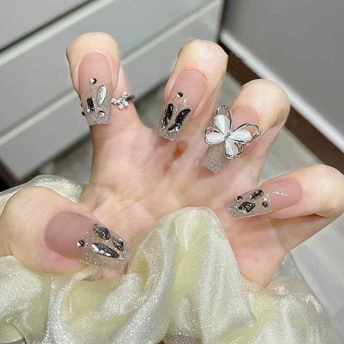 RikView Long Press on Nails Coffin Acrylic Nails Nude Nails with Butterflies Design Glossy Fake Nails 24 PCs