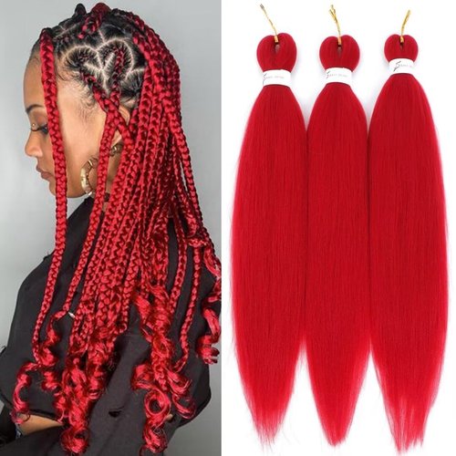 Red Braiding Hair Pre Stretched 20inch EZ Kids Braiding Hair Pre Stretched Colored Hair Extensions For Braiding 3Packs Soft Yaki Braiding Hair Hot Water Setting(#red,3Packs,20inch)
