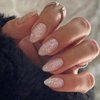 MISUD Press on Nails Medium Almond Fake Nails Glossy Glue on Nails Bling Glitter Acrylic Nails Stiletto Nude Artificial Nails Sparkly Sequins Stick on False Nails with Design 24 pcs