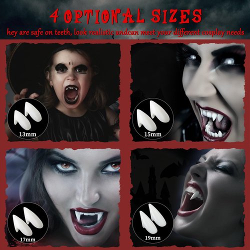 Vampire Fangs 8 Pairs 4 Sizes Teeth with Adhesive and Tweezers, Vampire Fang Fake Teeth Halloween Decorations Party Cosplay Props Werewolf Fang Vampire Dentures Party Favors Masquerade Accessories