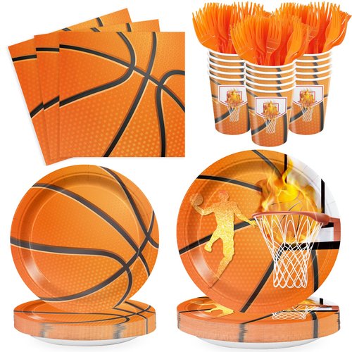 120Pcs Basketball Birthday Party Supplies, Basketball Party Decorations Tableware Include, Plates, Napkins, Cups, Forks, Sport Themed Party Decor for Kids and Adults, Serves 24
