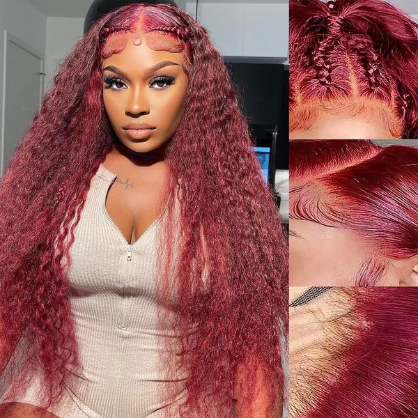 Curly Burgundy Lace Front Wigs Human Hair 13x4 99J Red Curly Lace Front Wig Human Hair 180% Density HD Transparent Frontal Wig Colored Pre Plucked with Baby Hair Glueless Wigs (22 Inch, #99J Curly)