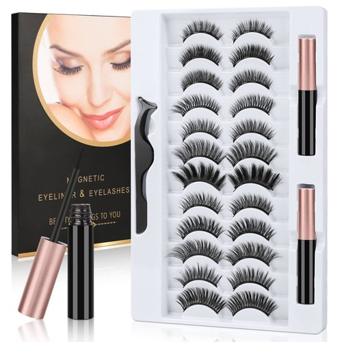 URAQT Lash Clusters Kit, 12 Pair Reusable Magnetic False Eyelashes with 2 Tubes Waterproof Eyeliner & Tweezers Cluster Eyelash Extensions Kit Cat Eye Lashes Eyelashes Clusters Lashes Extension Kit